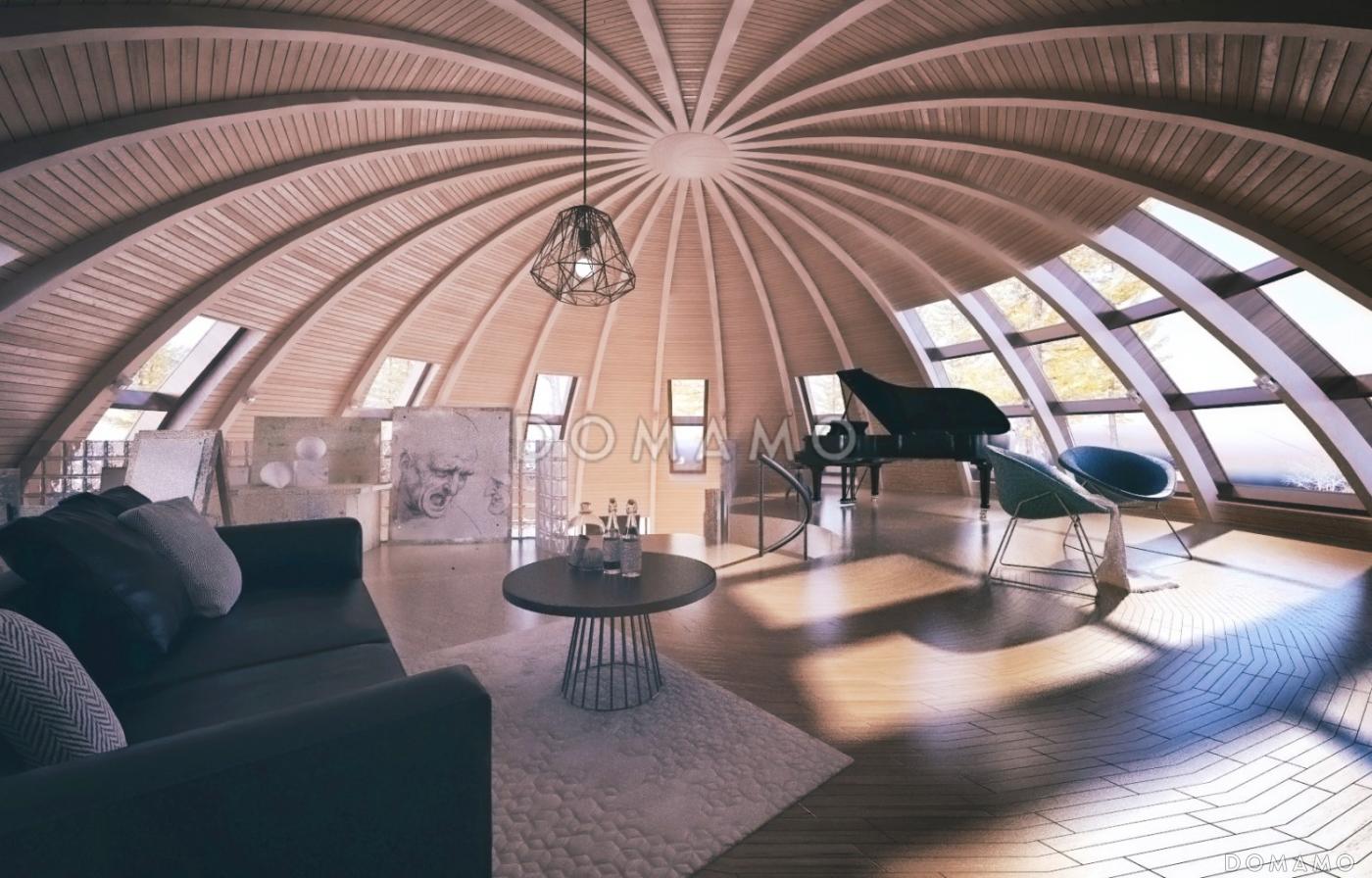 Проект сферического дома с большой гостиной с панорамным остеклением / 2