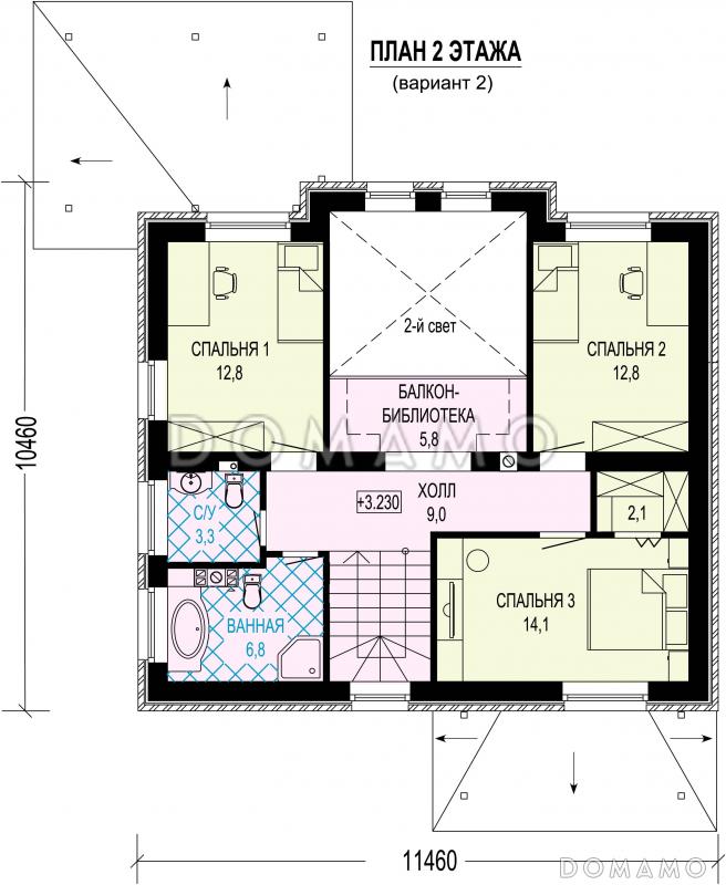 Проект двухэтажного дома с 4 спальнями, вторым светом, галереей-библиотекой / План 2 этажа