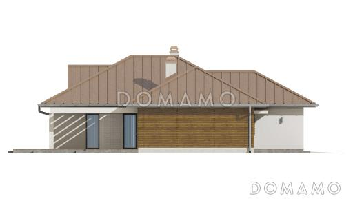 Проект одноэтажного дома из кирпича с большой угловой террасой и гаражом на два автомобиля / Фасад 1