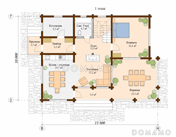 Проект деревянного дома с камином / План 1 этажа