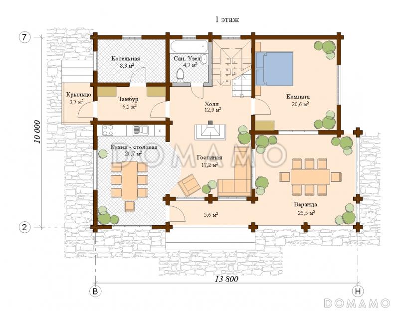 Проект деревянного дома с камином / План 1 этажа