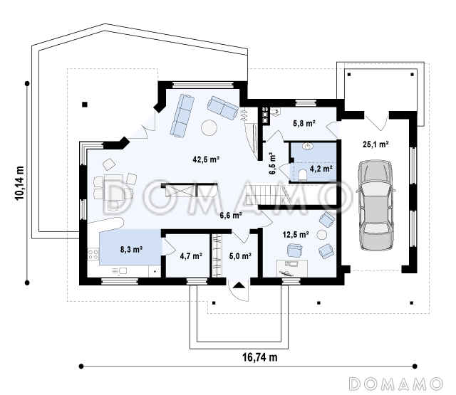 Проект одноэтажного мансардного дома из кирпича со встроенным гаражом и угловой террасой / План 1 этажа