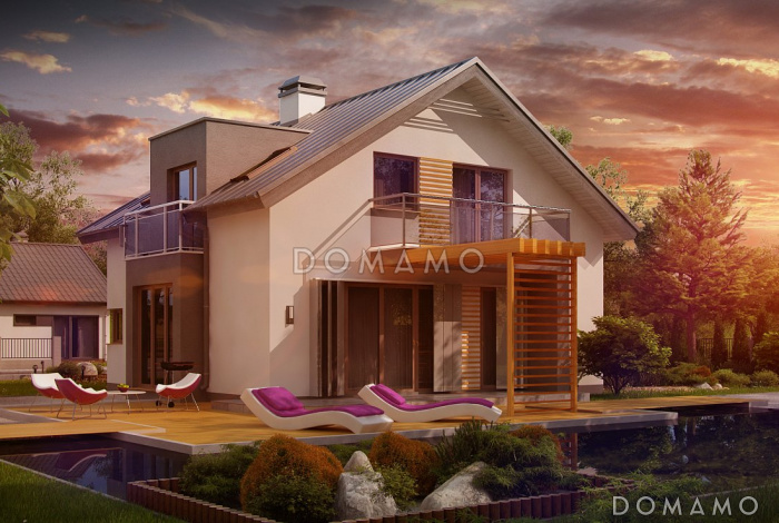 Проект одноэтажного мансардного дома из газобетона с эркером, тремя  балконами и вертикальным мансардным окном Проект одноэтажного мансардного дома из газобетона с эркером, тремя  балконами и вертикальным мансардным окном