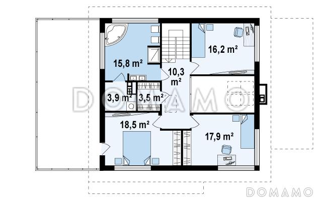Проект простого комфортного двухэтажного дома из кирпича с тремя спальнями, вторым светом, большим гаражом и террасой над ним / План 2 этажа