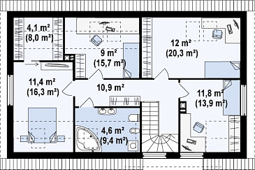 Проект одноэтажного мансардного дома из газобетона с встроенным гаражом / План мансардного этажа