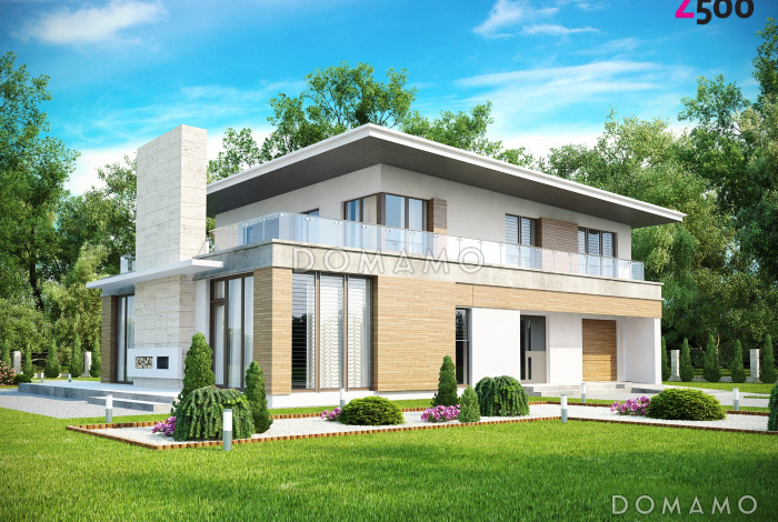 Проект современного двухэтажного дома из кирпича с плоской крышей,  с четырьмя спальнями, просторным кабинетом и гаражом