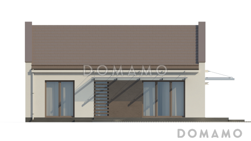 Проект компактного одноэтажного дома из кирпича с двумя спальнями и большой угловой открытой террасой / Фасад 3