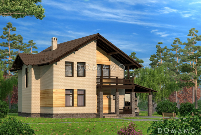 Проект двухэтажного коттеджа с облицовкой клинкером и с навесом для автомашины Проект двухэтажного коттеджа с облицовкой клинкером и с навесом для автомашины