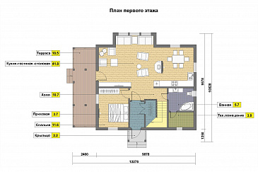 Проект дома из пеноблоков в стиле фахверк с сауной на мансардном этаже / План 1 этажа Проект дома из пеноблоков в стиле фахверк с сауной на мансардном этаже / План 1 этажа