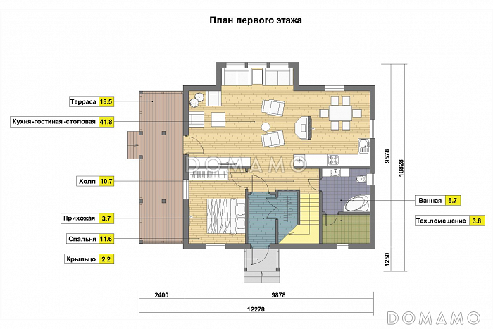 Проект дома из пеноблоков в стиле фахверк с сауной на мансардном этаже / План 1 этажа Проект дома из пеноблоков в стиле фахверк с сауной на мансардном этаже / План 1 этажа