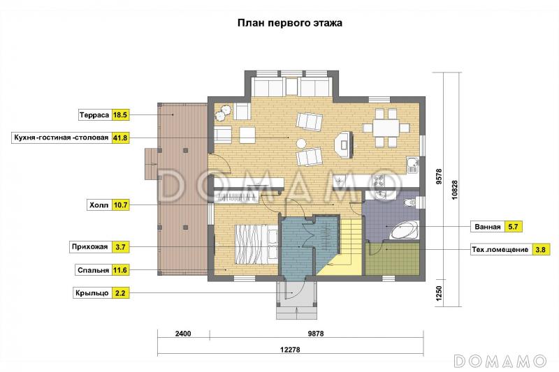Проект дома из пеноблоков в стиле фахверк с сауной на мансардном этаже / План 1 этажа