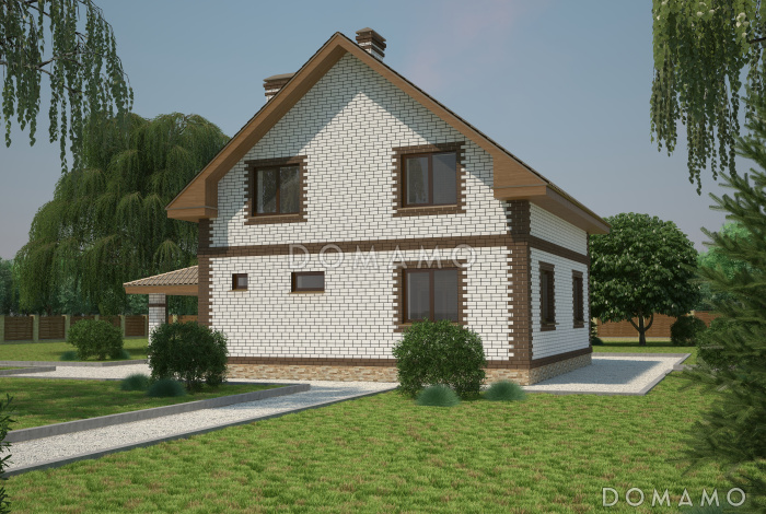 Проект компактного коттеджа с мансардным этажом и навесом под автомобиль, с наличием сауны Проект компактного коттеджа с мансардным этажом и навесом под автомобиль, с наличием сауны