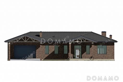 Проект дома с подвалом, гаражом, навесом, тремя спальнями и террасой / Фасад 1