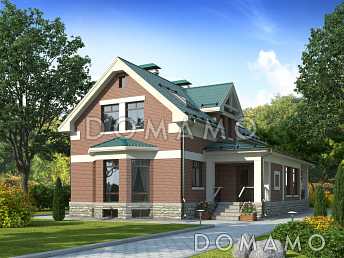 Проект великолепного дома из темного кирпича с верандой и зеленой крышей Проект великолепного дома из темного кирпича с верандой и зеленой крышей