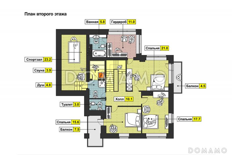 Проект кирпичного загородного дома в современном стиле с открытой террасой и гаражом  / План 2 этажа