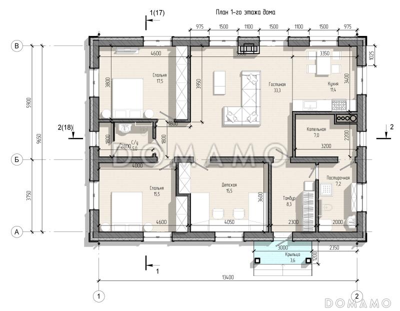 Проект дома с тремя спальнями, гостиной-кухней и постирочной / План 1 этажа