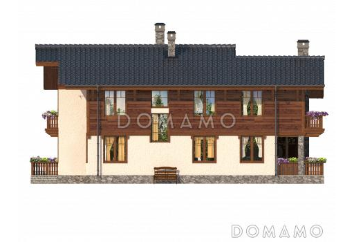 Проект загородного дома с террасой, навесом на одну машину, верандой с камином на втором этаже / Фасад 1