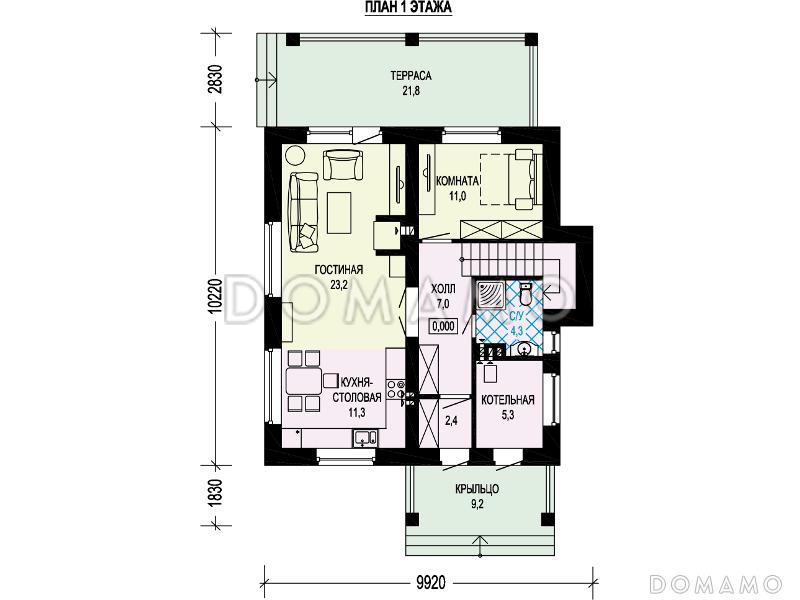 Проект дома из газобетона с крытой террасой, совмещенной кухней-столовой и гостиной, комнатой на первом этаже / План 1 этажа