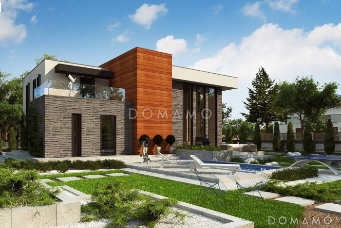 Проект современного двухэтажного дома из кирпича с плоской крышей, со вторым светом, террасами на двух уровнях и гаражом Проект современного двухэтажного дома из кирпича с плоской крышей, со вторым светом, террасами на двух уровнях и гаражом