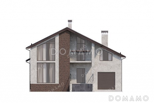 Проект одноэтажного дома с мансардой, большой террасой и гаражом / Фасад 3 Проект одноэтажного дома с мансардой, большой террасой и гаражом / Фасад 3