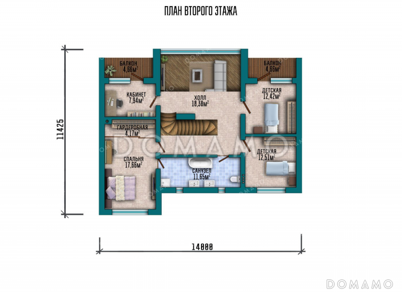 Проект одноэтажного дома с мансардой, террасой и балконами / План мансардного этажа