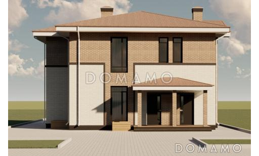 Проект двухэтажного дома из газобетона с двумя каминами на большой террасе и в гостиной / Фасад 3