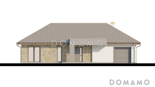 Проект одноэтажного дома из кирпича с прямоугольным эркером в современном архитектурном исполнении и со встроенным гаражом / Фасад 1