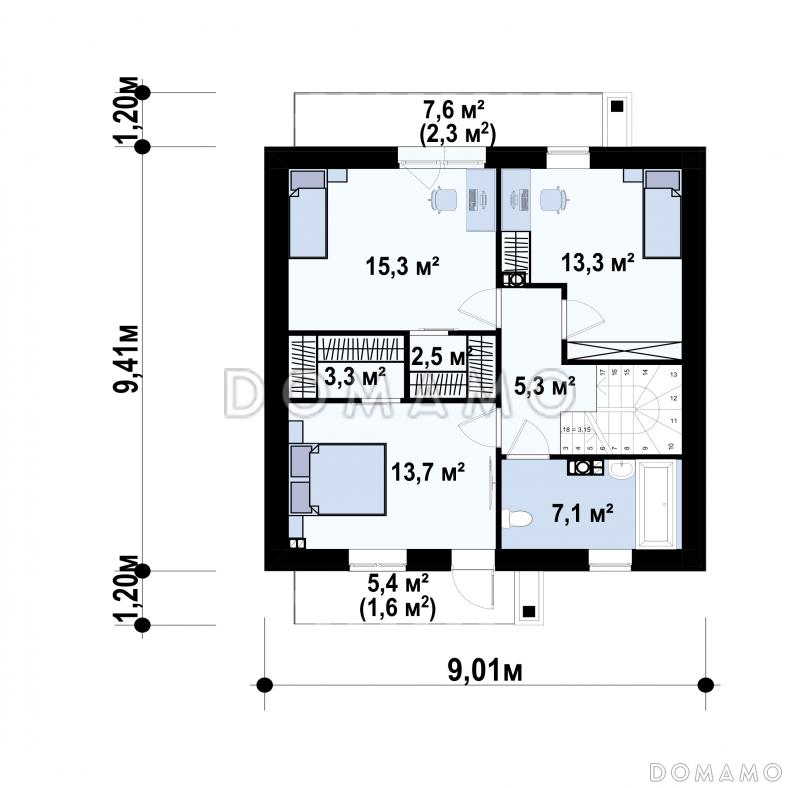 Проект дома с террасой, балконами, ванной с окном / План 2 этажа