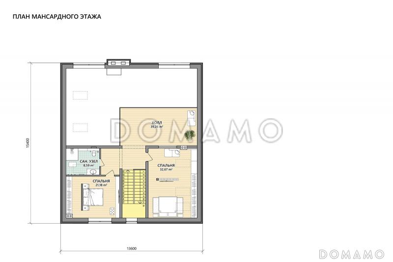 Проект каркасного дома с 3 спальнями, сауной, гаражом и навесом для автомобилей / План мансардного этажа