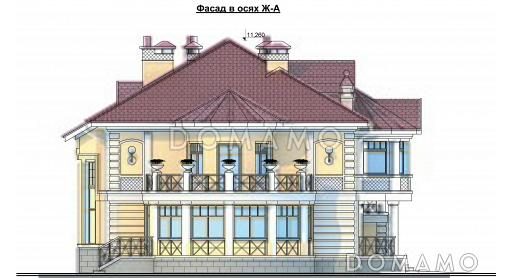 Проект коттеджа с двусветной гостиной, гаражом и террасой / Фасад 4