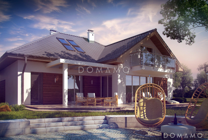 Проект просторного одноэтажного мансардного коттеджа из газобетона с гостевой спальней на первом этаже, кабинетом и гаражом Проект просторного одноэтажного мансардного коттеджа из газобетона с гостевой спальней на первом этаже, кабинетом и гаражом