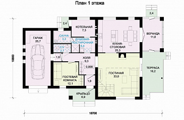 проект светлого дома с верандой и гаражом для одной машины / План 1 этажа проект светлого дома с верандой и гаражом для одной машины / План 1 этажа