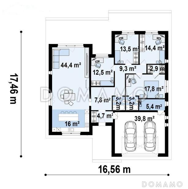 Проект одноэтажного дома с плоской крышей, просторной кухней-гостиной, гаражом на две машины, мастер-спальней / План 1 этажа