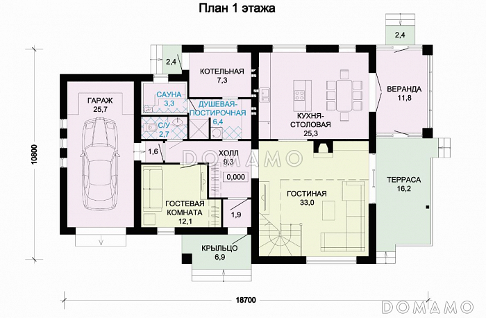 проект светлого дома с верандой и гаражом для одной машины / План 1 этажа проект светлого дома с верандой и гаражом для одной машины / План 1 этажа