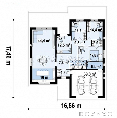 Проект одноэтажного дома с плоской крышей, просторной кухней-гостиной, гаражом на две машины, мастер-спальней / План 1 этажа