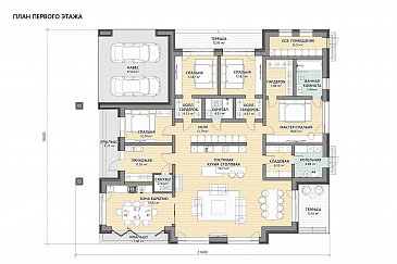 Проект дома из газобетона с навесом для автомобилей, мастер-спальней, совмещенной гостиной-столовой и кухней / План 1 этажа Проект дома из газобетона с навесом для автомобилей, мастер-спальней, совмещенной гостиной-столовой и кухней / План 1 этажа