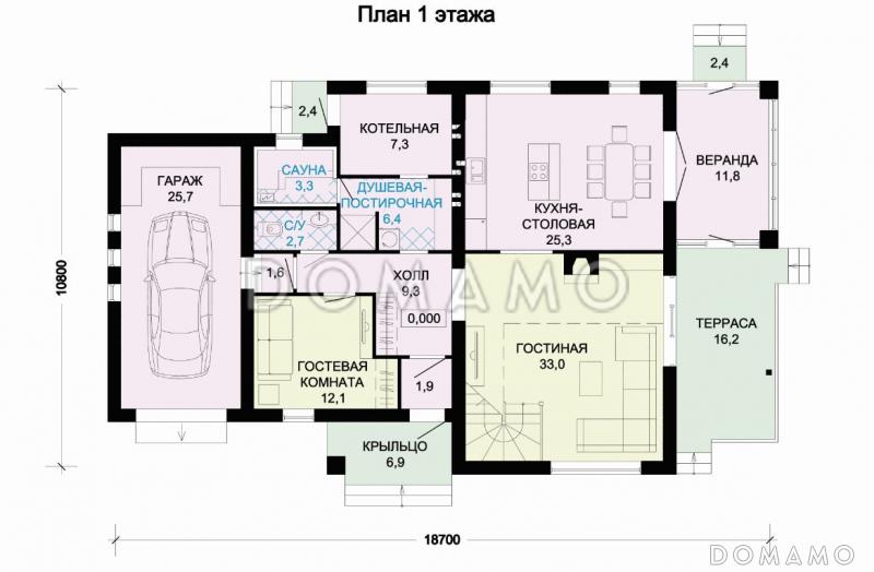 проект светлого дома с верандой и гаражом для одной машины / План 1 этажа