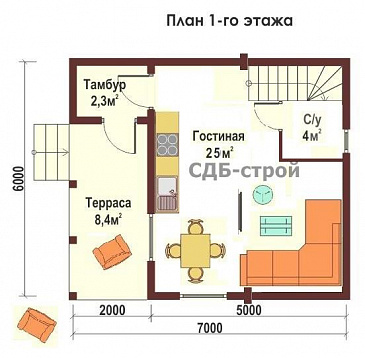 Дом из профилированного бруса по проекту ДПБ3 / План 1 этажа Дом из профилированного бруса по проекту ДПБ3 / План 1 этажа