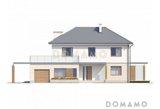 Проект двухэтажного дома из газобетона с четырьмя комнатами, гаражом и открытой террасой над ним / Фасад 4
