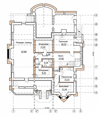 Проект коттеджа в стиле шале с двусветной гостиной / План цокольного этажа Проект коттеджа в стиле шале с двусветной гостиной / План цокольного этажа