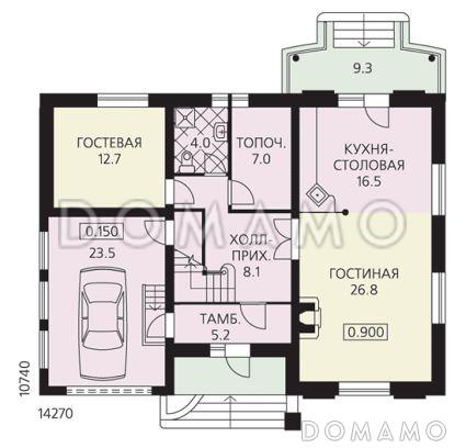 Проект дома из пеноблоков с цокольным этажом, гаражом, тремя спальнями и гостевой  комнатой на первом этаже / План 1 этажа