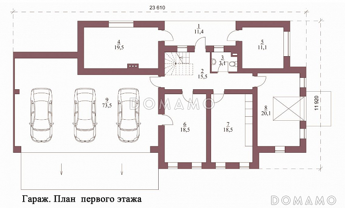 Проект гаража на 3 машины с мастерской и мансардой / План 1 этажа Проект гаража на 3 машины с мастерской и мансардой / План 1 этажа
