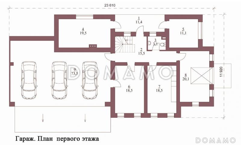 Проект гаража на 3 машины с мастерской и мансардой / План 1 этажа