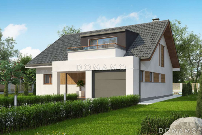 Проект одноэтажного мансардного дома из газобетона с четырьмя спальнями, гаражом и балконом