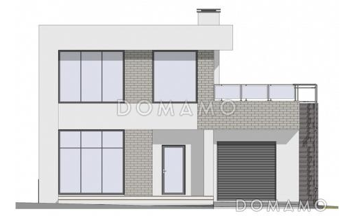 Проект двухэтажного дома из газобетона в стиле хай-тек со встроенным гаражом и открытой террасой на втором этаже / Фасад 4