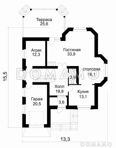 Проект дома из кирпича с гаражом для одной машины / План 1 этажа