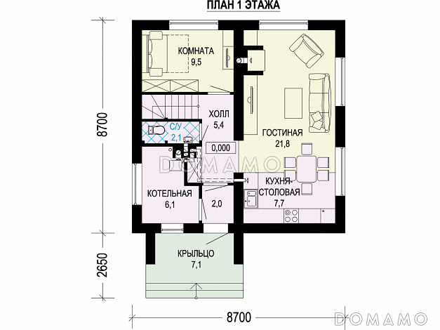 Проект двухэтажного дома с котельной с окном, комнатой на первом этаже и тремя спальнями на втором / План 1 этажа