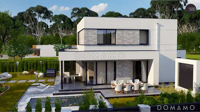 Проект современного двухэтажного дома из кирпича с плоской крышей, четырьмя комнатами и угловым остеклением гостиной Проект современного двухэтажного дома из кирпича с плоской крышей, четырьмя комнатами и угловым остеклением гостиной