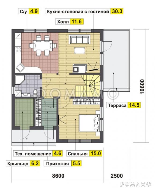 Проект дома из газобетона с четырьмя спальнями / План 1 этажа