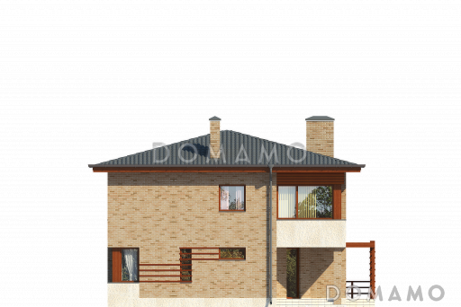 Проект двухэтажного квадратного дома с отрытой террасой, спальней на первом этаже, большой ванной / Фасад 1